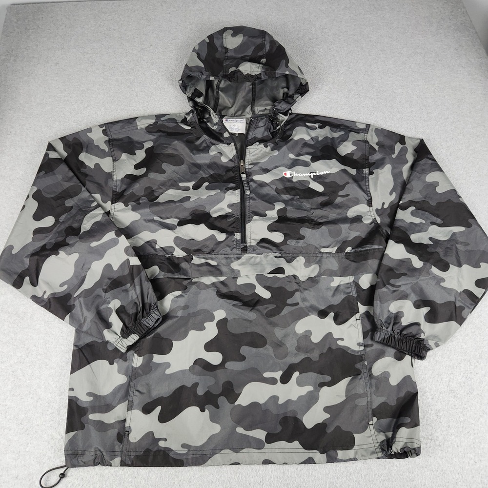 Champion Windbreaker Jacket Mens Large Gray Camouflage Packable Anorak Half Zip
